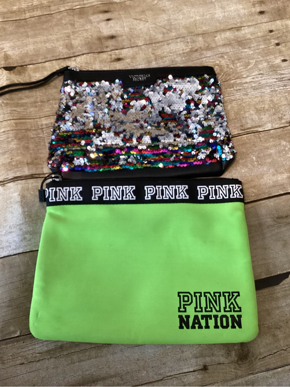 PINK Victoria's Secret Lime Green Neoprene Pouch with Multicolor Sequin Wristlet